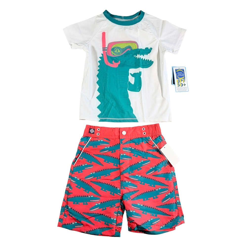 Andy & Evan Boys Swim Rash Guard Trunks Set 6Y Coral Gator Swimsuit 2 Pc New